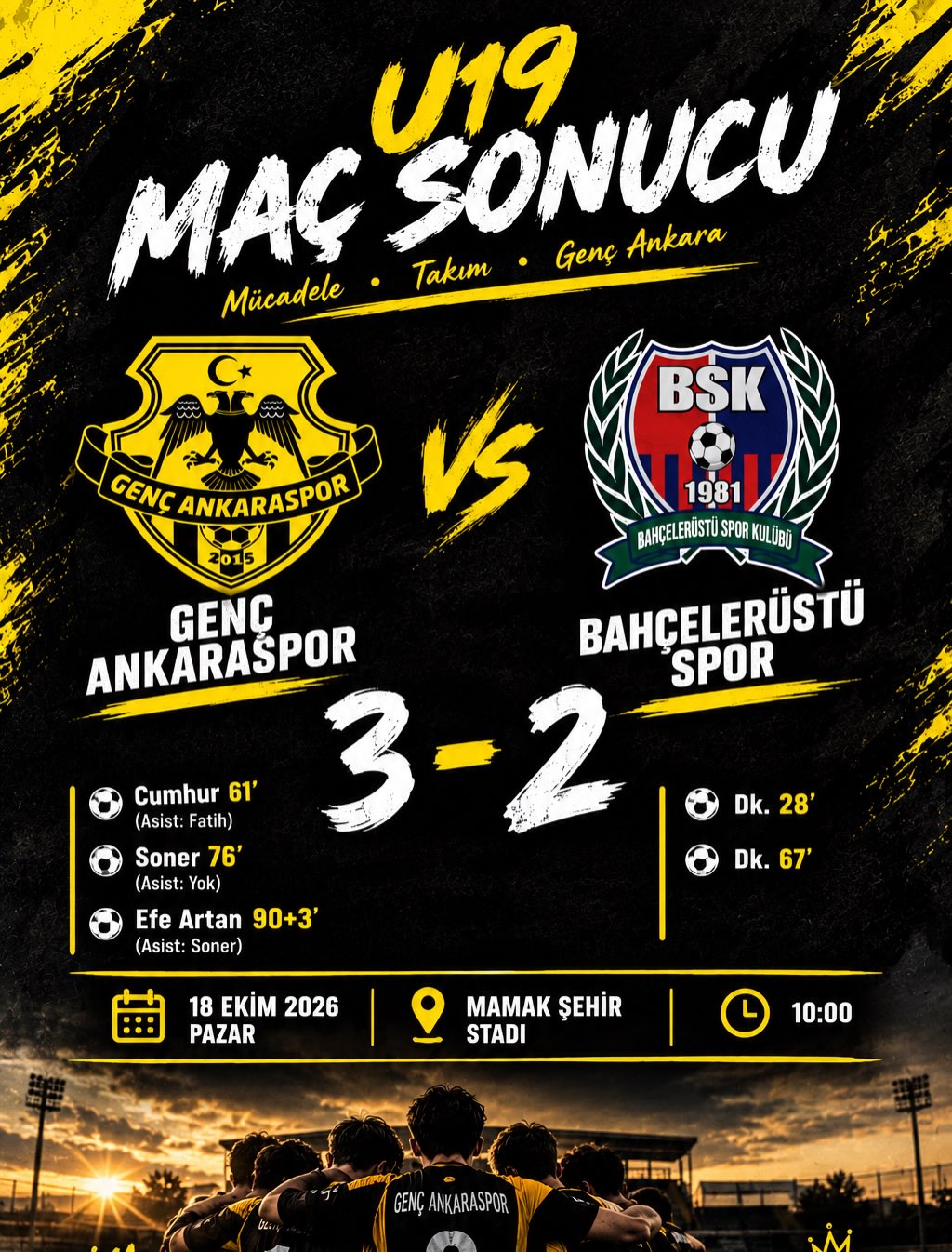 U19 Genç Ankaraspor 3-2 Bahçelerüstü Spor maç sonucu afişi